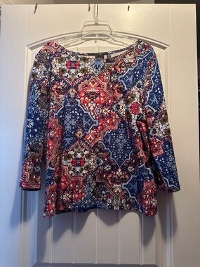 Rafaella Multicolor Patchwork-Print Boatneck Top (Blue, Red, Olive)